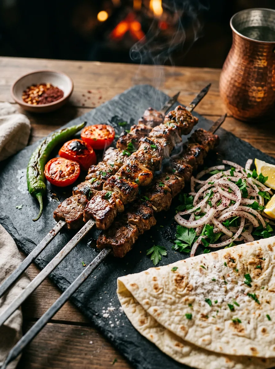 Közlenmiş domates ve biberle servis edilen, kömür izli kuzu şiş kebap.