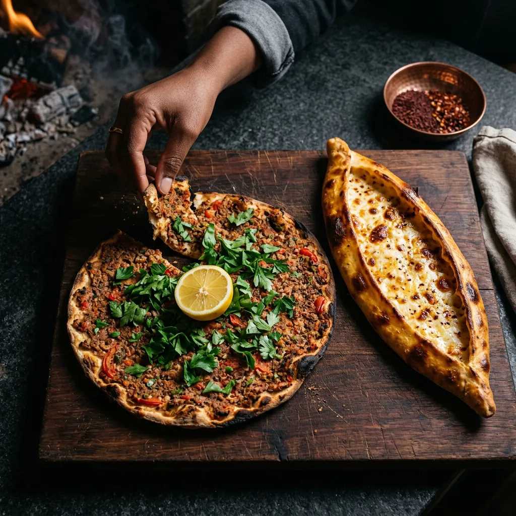 Ahşap tahtada servis edilen ince lahmacun, limon dilimi ve kaşarlı kayık pide.