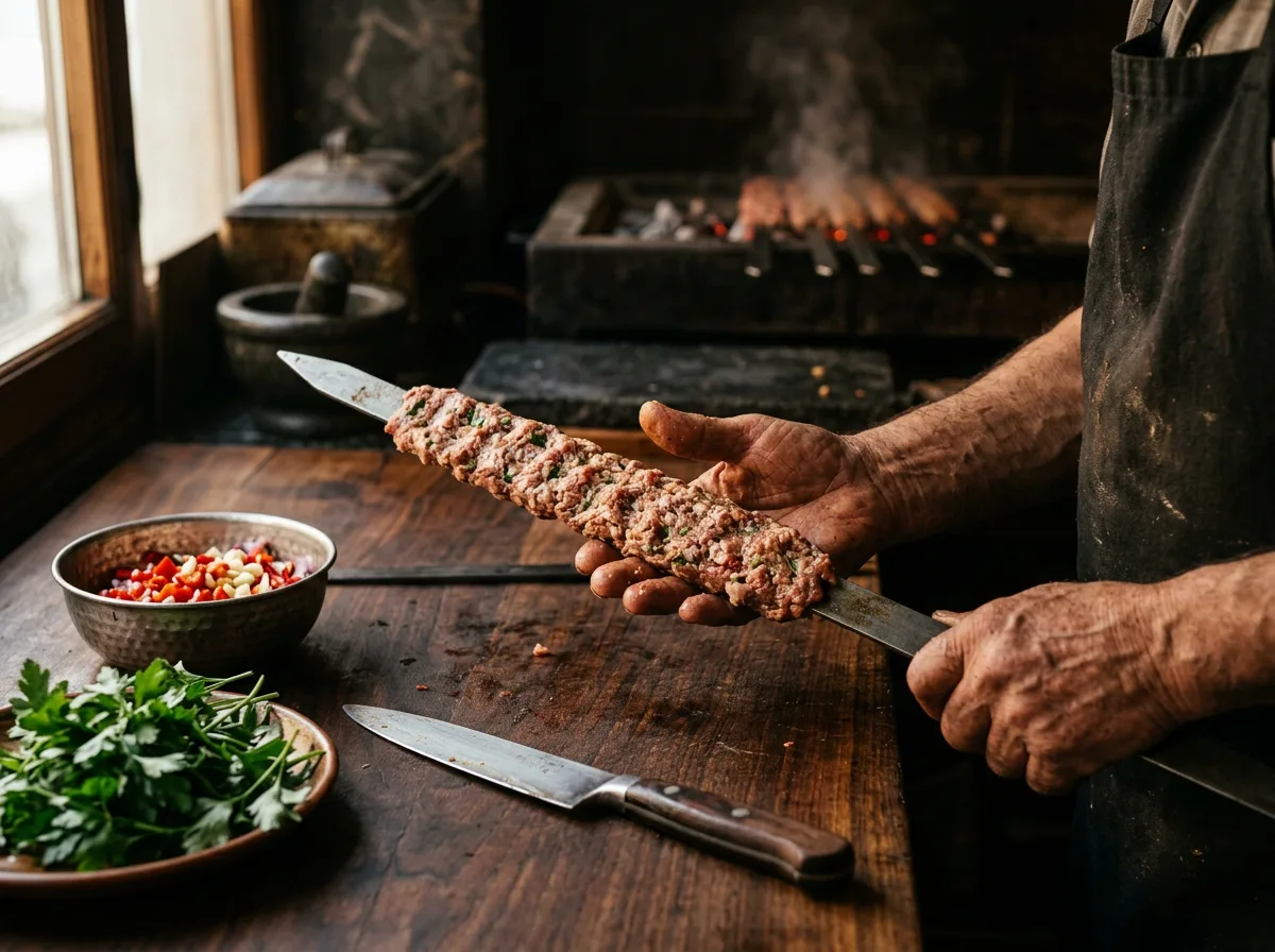Usta bir kebapçının elleri, ahşap tezgâhta kıymayı şişe geçirerek Adana kebap hazırlıyor.